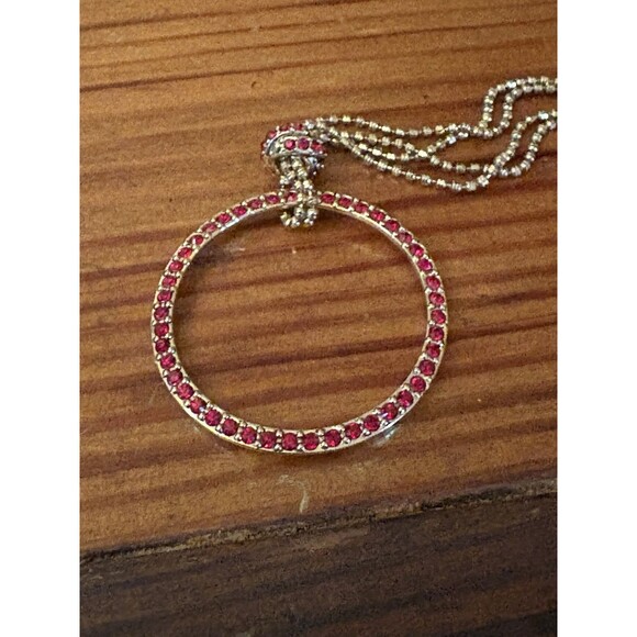 Vintage Monet Gold Tone O Pendant Necklace Red Rhinestones BEAUTIFUL! - Picture 1 of 10